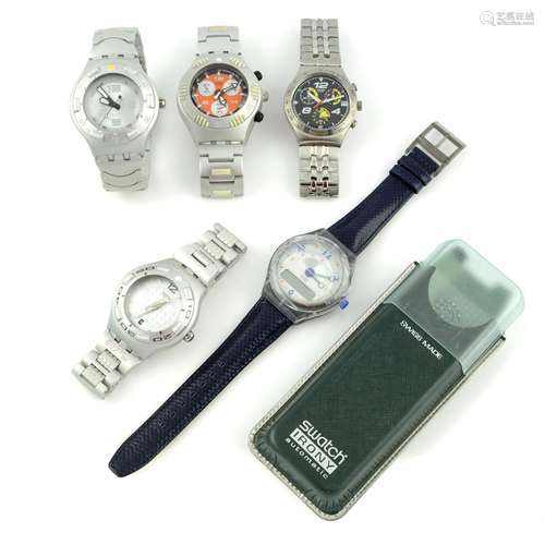 A group of five Swatch watches, to include three Irony examp...