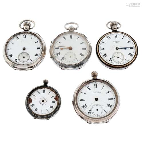 A group of five pocket watches together with two trench styl...