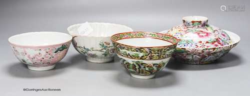 Four Chinese famille rose porcelain bowls, one with cover, d...