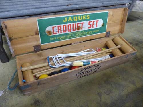 A Jacques Croquet set, pine cased