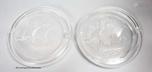 Two Lalique glass 'Santa Maria' ashtrays, moulded with clipp...