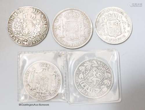 18th/19th century World coins -Italy 5 Lire 1808M, Spain fiv...