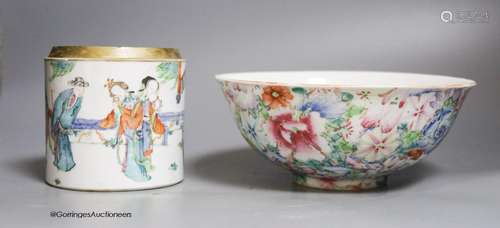 A Chinese famille rose millefleur bowl and a jar lacking cov...