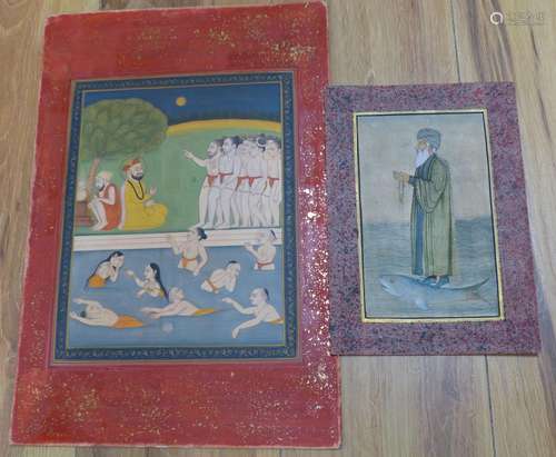 Indian School, two unframed gouache, Figures bathing and stu...