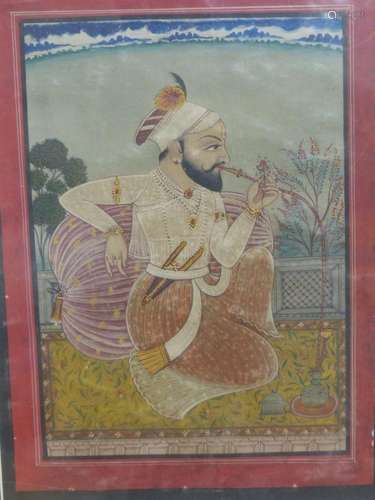 Sikh School, watercolour and gouache, Nobleman smoking a huq...