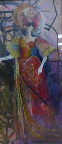 Modern British, mixed media, Woman at a masked ball, 49 x 22...