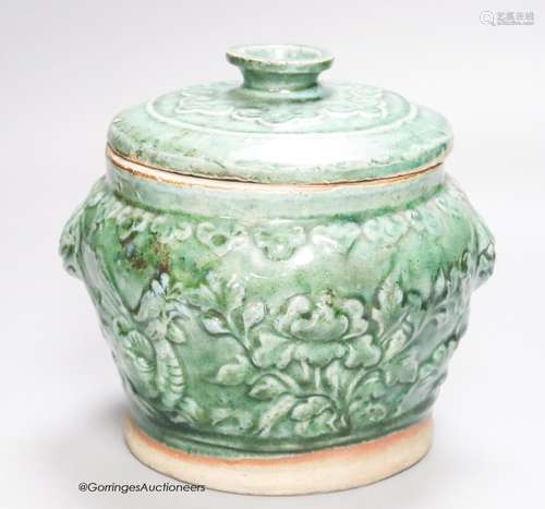 A 19th century Chinese green glazed jar and cover, height 19...