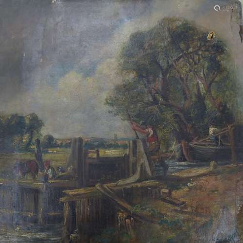 After Constable, oil on canvas, The Lock, 33 x 33cm, unframe...