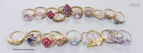 Twenty assorted modern 9ct or 9k and gem set dress rings, gr...