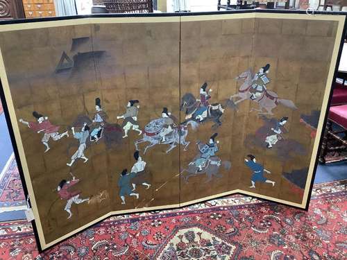 A Japanese four-fold screen, gold ground, decorated with war...