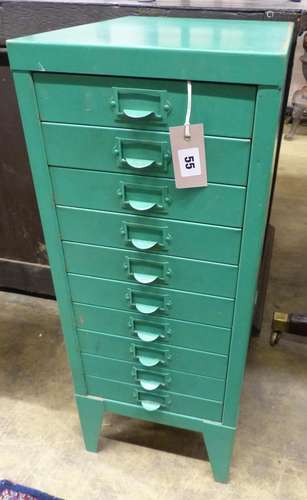 A small painted metal ten drawer filing cabinet, W.29 D.39cm...