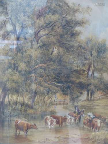 Victorian School, watercolour, Cattle drover crossing a broo...