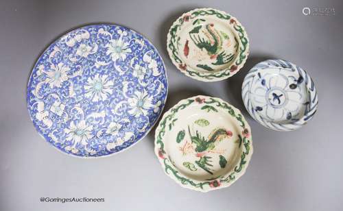 A pair of Chinese stem dishes, a blue-and-white stem dish an...