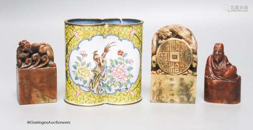 A Chinese enamel on copper brush pot together with three soa...