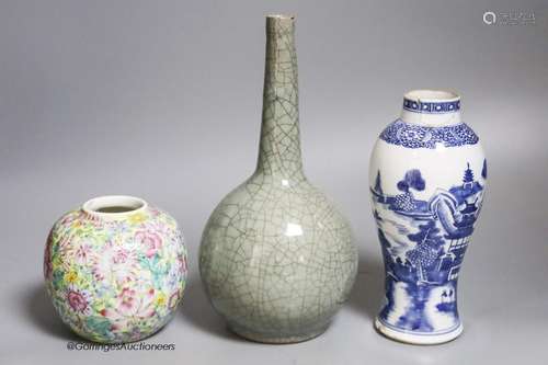 A Chinese crackleglaze bottle vase, a blue and white vase an...