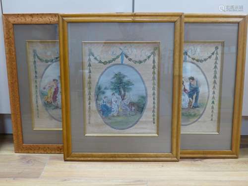 A set of three Edwardian painted silk panels depicting class...