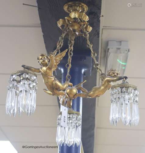 A Louis XV style gilt metal three light ceiling chandelier, ...