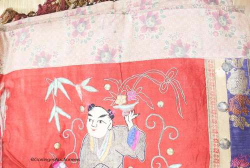 Two Chinese red silk hangings, a mauve damask hanging and a ...