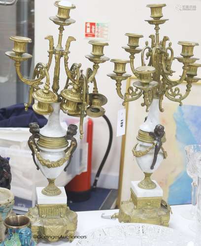 A pair of gilt and white marble garnitures, height 61cm