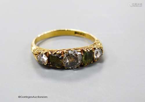 An early 20th century 18ct, three stone rose cut diamond and...