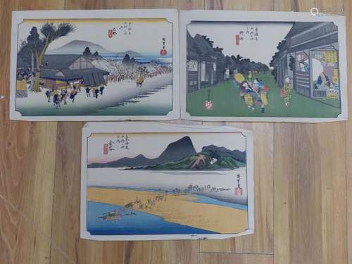 Hiroshige, three woodblock prints, Figures in landscapes, 22...