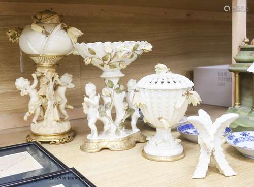 A group of Moore Bros porcelain including a lamp, centrepiec...