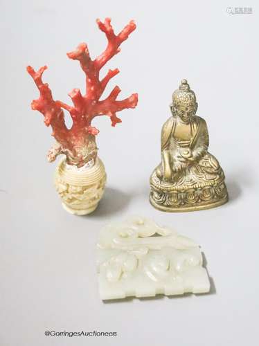 A coral and ivory miniature carving, height 9cm, a Buddha an...