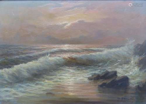 English School, oil on canvas, Waves breaking against the sh...