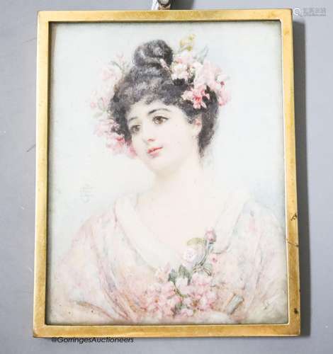 A brass cased miniature watercolour of a lady, monogrammed, ...