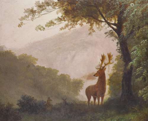 Manner of Nils Christiansen, oil on board, Stag in woodland,...