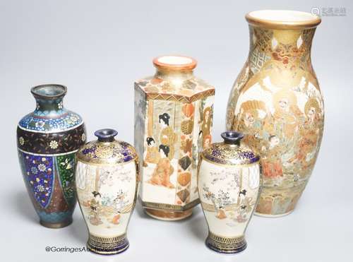 A pair of Satsuma vases, two other Satsuma vases and a clois...