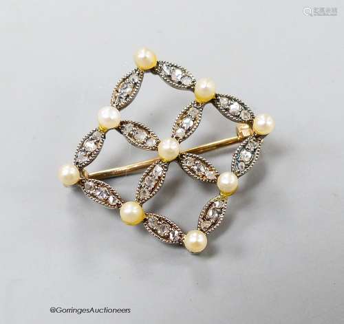 An Edwardian yellow metal, seed pearl and diamond set openwo...