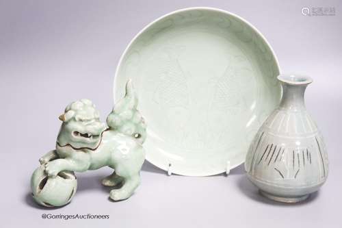 A Korean celadon glazed vase, a Chinese celadon glazed dish ...