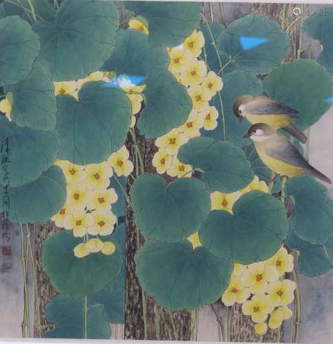 Wei Liang (b.1959), colour print, Birds beside nasturnium fl...