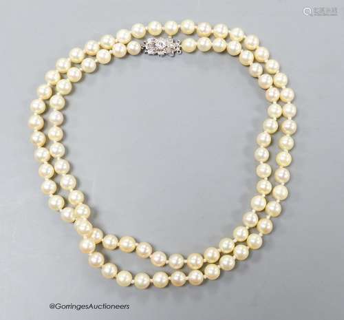 A single strand cultured pearl necklace, with 18ct white met...