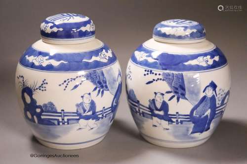 Two Chinese blue and white porcelain ginger jars and covers,...