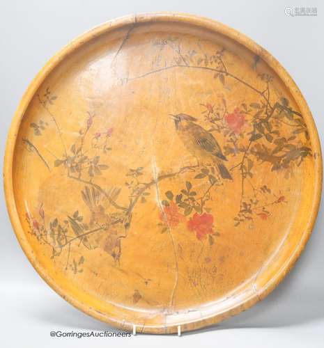 A large Japanese elm charger, painted with songbirds and flo...