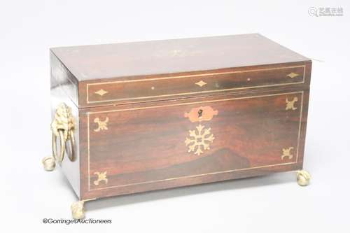 A Regency brass inlaid rosewood tea caddy, height 18cm