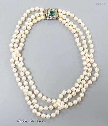 A triple strand cultured pearl set choker necklace, with two...