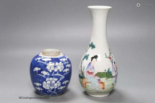 A Chinese Republic vase and a blue and white prunus jar, tal...