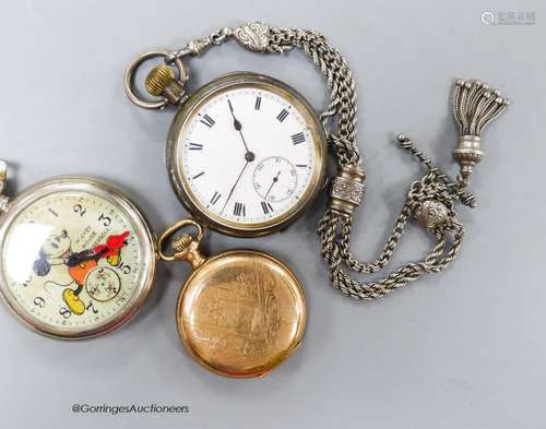 An Ingersoll Mickey Mouse pocket watch, a silver pocket watc...