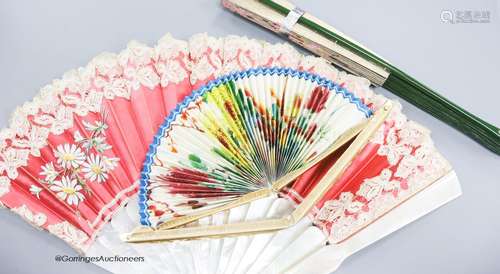 An Edwardian mother of pearl satin and lace fan and two othe...