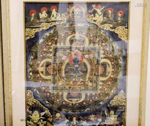 A framed and glazed Tibetan Mandala thangka, 71 x 51cm