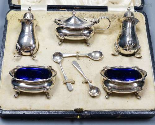 A 1920's cased silver five piece condiment set, Birmingham, ...