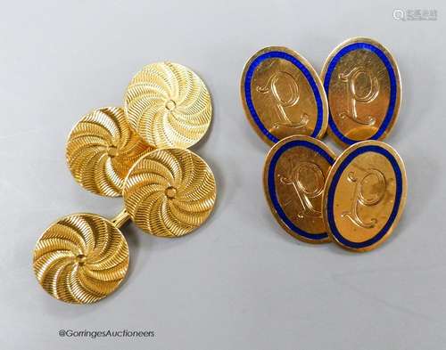 A pair of George V 9ct gold and blue enamel oval cufflinks, ...