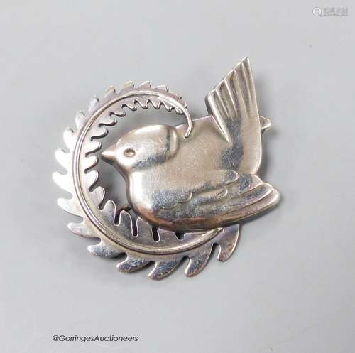 A Georg Jensen sterling 'dove on an olive branch brooch, des...