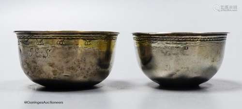 Two 18th century Swedish white metal small bowls, one with i...