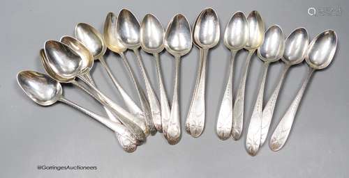 A matched set of ten mainly George III Irish silver feather ...