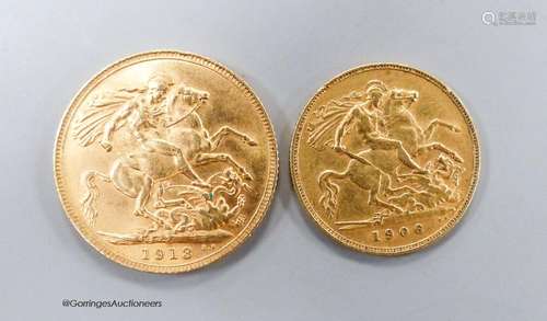 A George V 1913 gold sovereign and an Edward VII 1907 gold h...