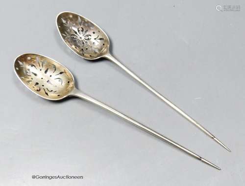 Two Georgian silver mote spoons, one with maker's mark I.T, ...